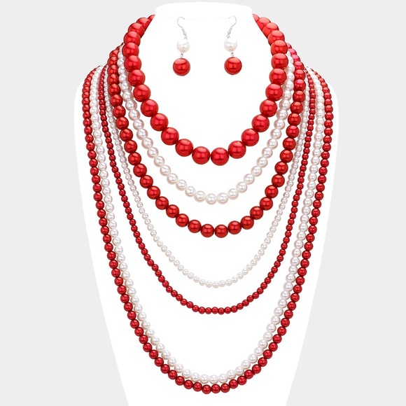 Red & White Multi Layered Pearl Strand Statement Necklace - Picture 1 of 2